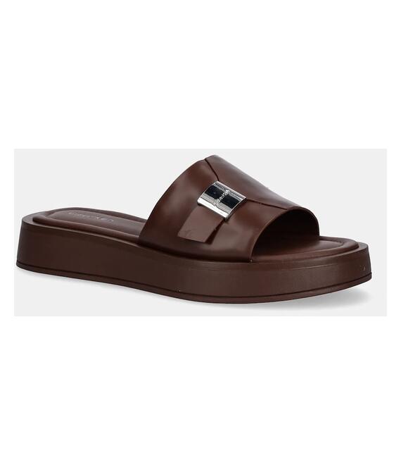 Δερμάτινες παντόφλες Calvin Klein FLATFORM SLIDE W/CK HW - LTH γυναικείες, χρώμα: καφέ, HW0HW02368