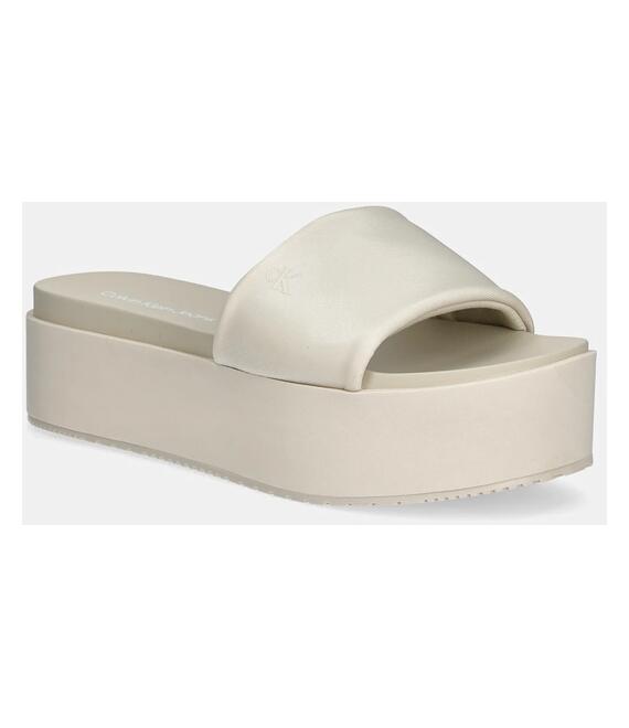 Παντόφλες Calvin Klein Jeans FLATFORM SANDAL SLIDE IN NYLON χρώμα: μπεζ, YW0YW01791