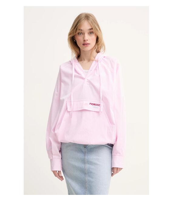 Βαμβακερή μπλούζα Fiorucci Gingham Logo Hoodie Shirt γυναικεία, χρώμα: ροζ, με κουκούλα, W02SPTLO286CO01PN02