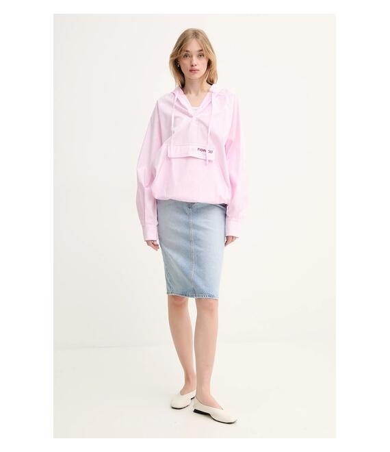Βαμβακερή μπλούζα Fiorucci Gingham Logo Hoodie Shirt γυναικεία, χρώμα: ροζ, με κουκούλα, W02SPTLO286CO01PN02