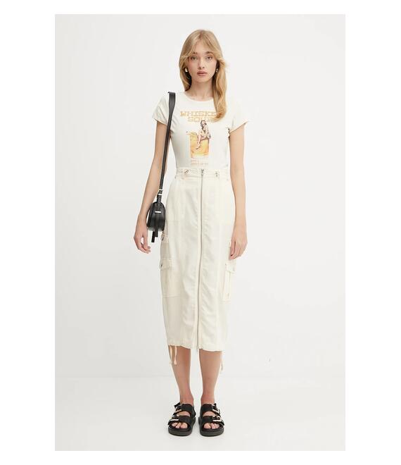 Φούστα από λινό μείγμα Guess CASEY χρώμα: μπεζ, W5GD1H WG8N0