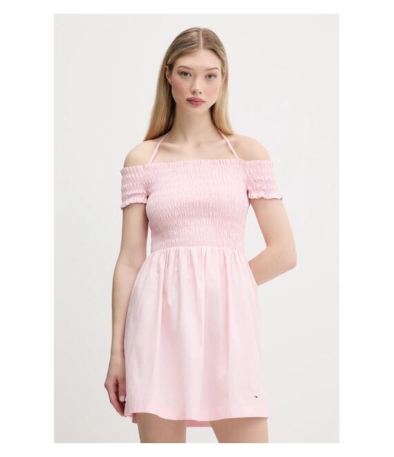 Βαμβακερό φόρεμα Tommy Jeans χρώμα: ροζ, DW0DW20343