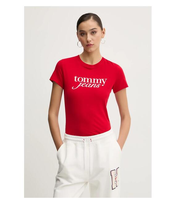 Βαμβακερό μπλουζάκι Tommy Jeans γυναικείο, χρώμα: κόκκινο, DW0DW19447