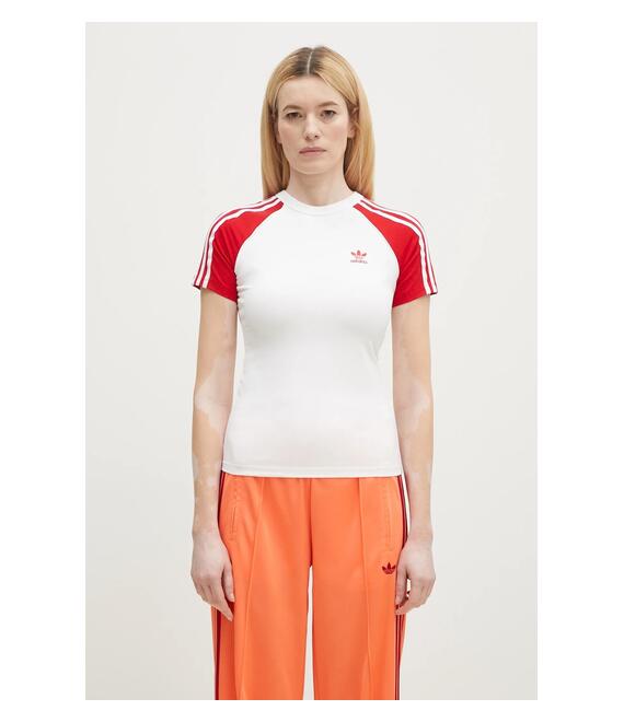 Βαμβακερό μπλουζάκι adidas Originals Adicolor 3 Stripe Raglan Slim Tee γυναικείο, χρώμα: άσπρο, JD0835