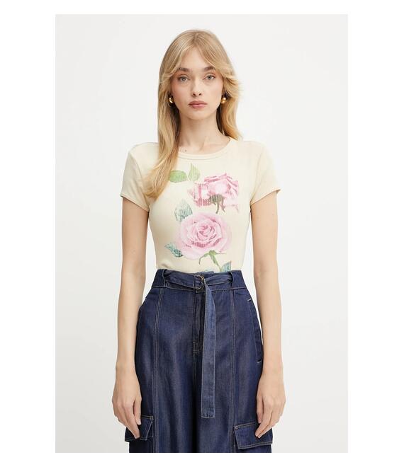 Μπλουζάκι Guess ROSE χρώμα: μπεζ, W5GI33 KA0H1