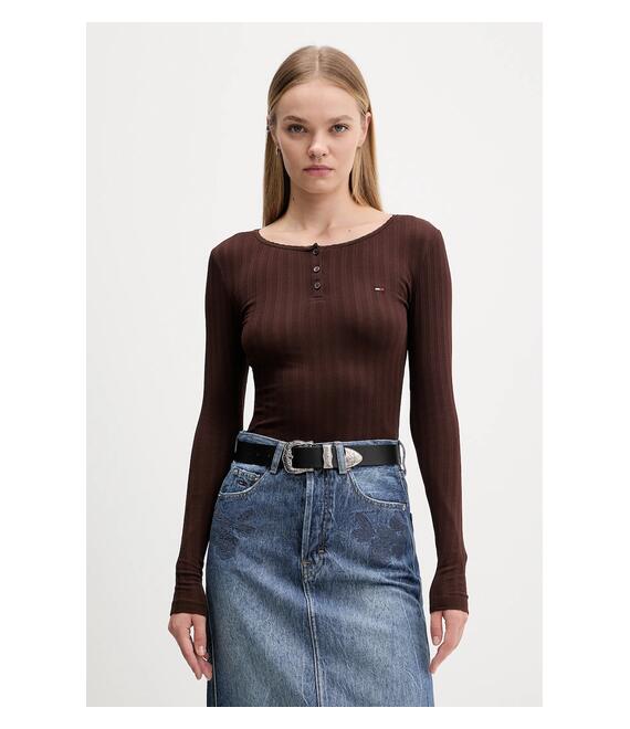 Μακρυμάνικο Tommy Jeans χρώμα: καφέ, DW0DW21575