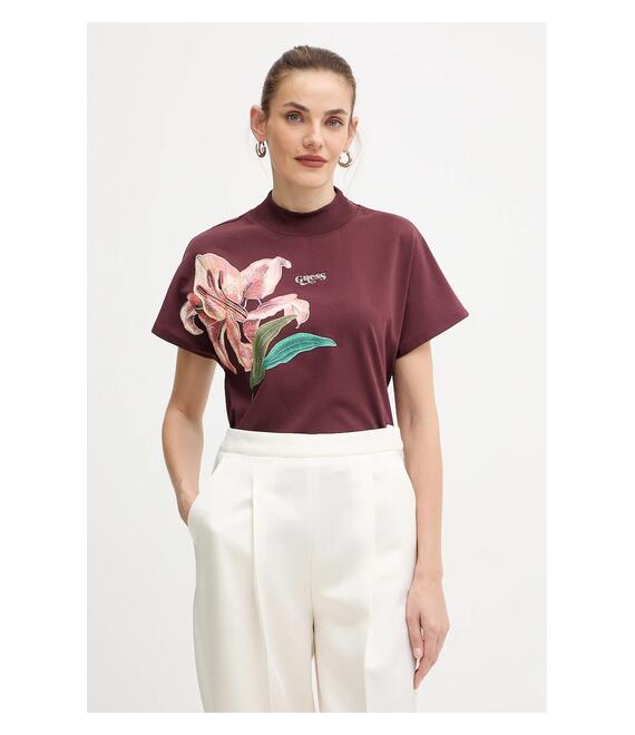Βαμβακερό μπλουζάκι Guess LILY χρώμα: μπορντό, W5BI16 I3Z14