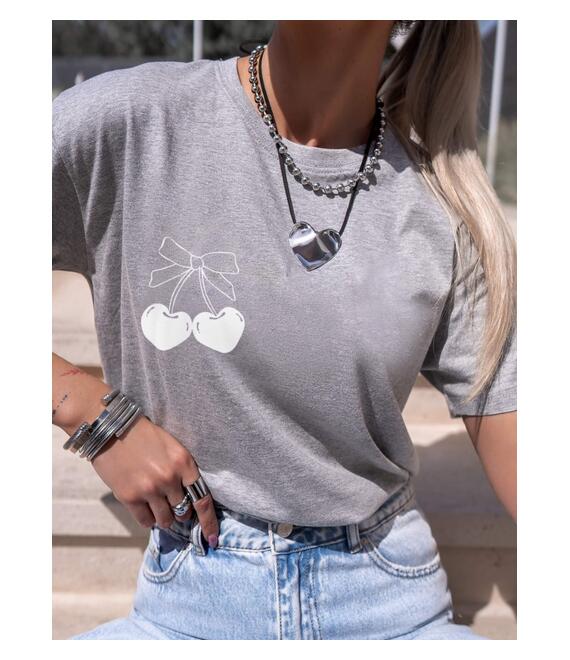 TSHIRT ΓΚΡΙ ME ΚΕΡΑΣΙ - BOW CHERRY