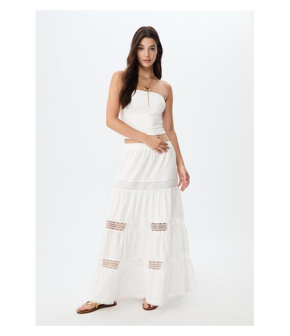 Stradivarius Μακριά Φούστα Με Πάνελ Και Δαντέλα Λευκό Xs