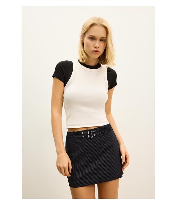 Stradivarius Μίνι Φούστα Με Ζώνες Ριγέ Μαύρο Xs