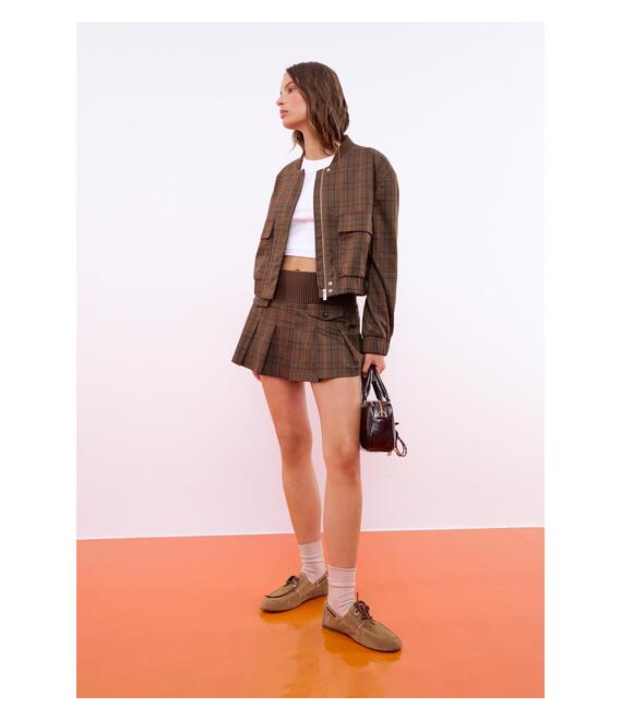 Stradivarius Μίνι Φούστα-Παντελόνι Με Πιέτες Και Καρό Σχέδιο Καφέ S