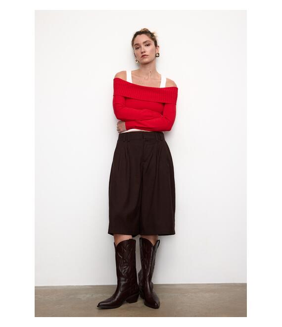 Stradivarius Πλεκτό Πουλόβερ Με Ακάλυπτους Ώμους Κόκκινο Xs