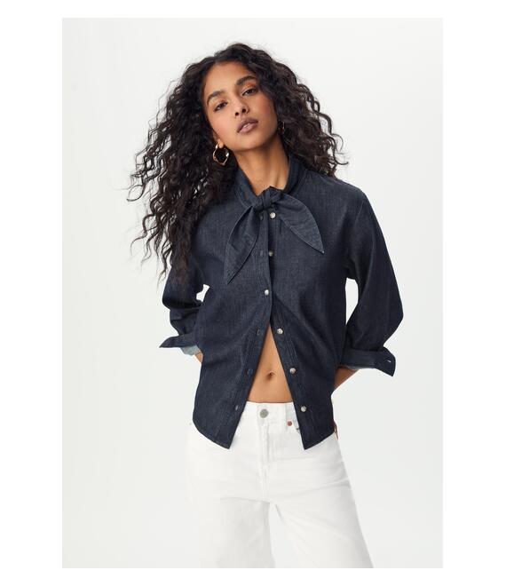 Stradivarius Τζιν Πουκάμισο Με Κορδόνι Πολύ Σκούρο Μπλε/Αποκολλαρισμένο L