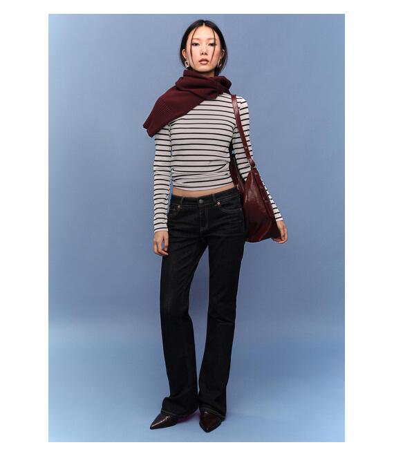 Stradivarius Βασικό Ριγέ Μακρυμάνικο Μπλουζάκι Εκρού S