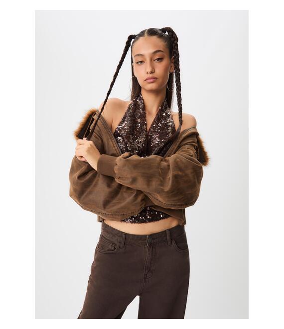 Stradivarius Ντραπέ Τοπ Με Λάμψη Καφέ Xs