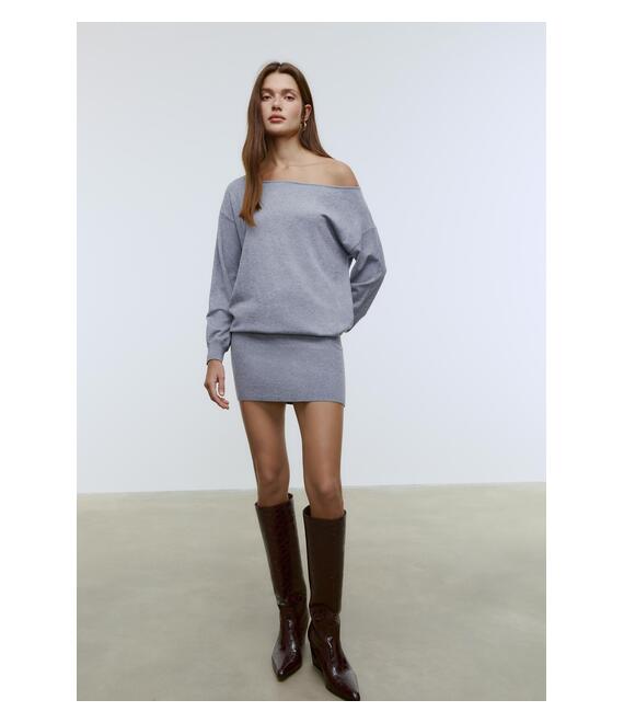 Stradivarius Κοντό Φόρεμα Με Λαιμόκοψη Χαμόγελο Ανθρακί Xs