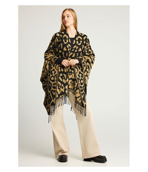 Γυναικεία κάπα με animal print μοτίβο και κρόσσια