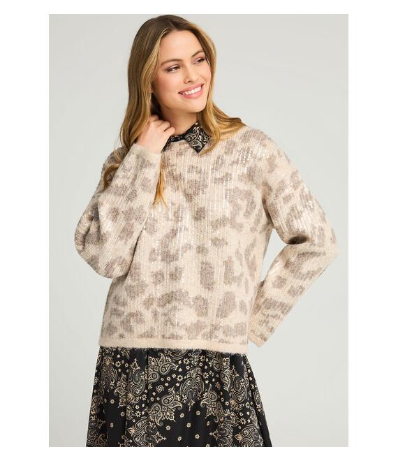 Πλεκτό πουλόβερ με λεοπάρ σχέδιο και παγιέτες